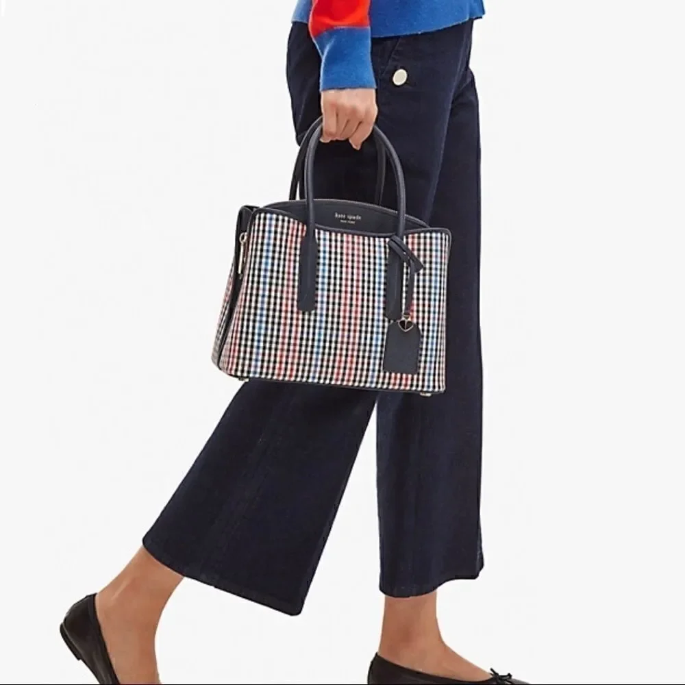 KATE SPADE MARGAUX MEDIUM SATCHEL HANDBAG IN BLUE RED BLACK PLAID + LEATHER TRIM